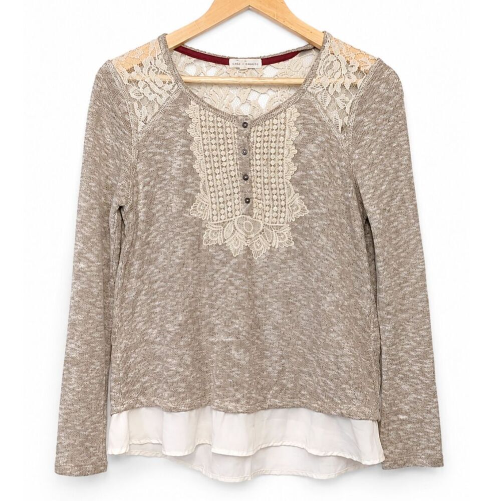 Coco+Jameson Lace Knit Layered Hem Long Sleeve Top M Boho Cottagecore Feminine
